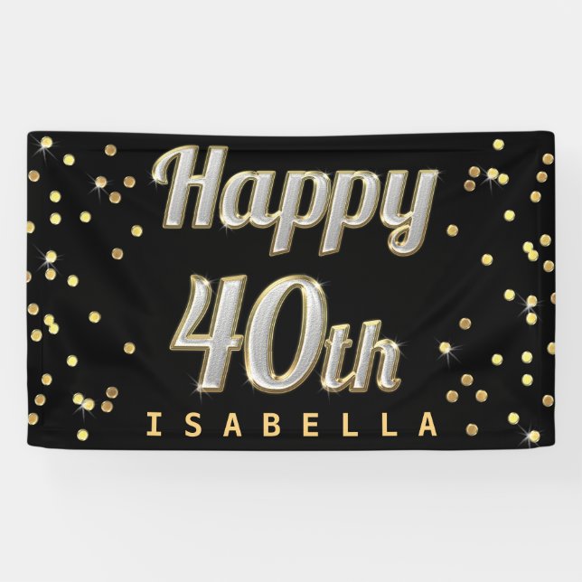 Happy 40th Bling Typography Gold Confetti Black Banner (Horizontal)