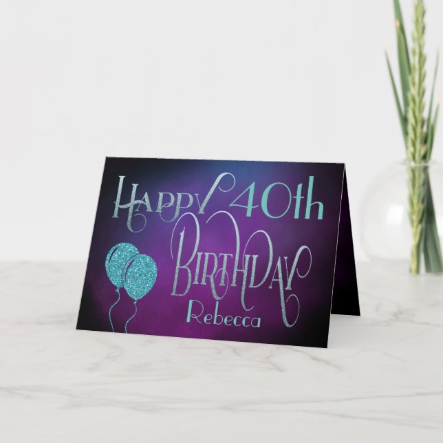 Happy 40th Name Purple Teal Watercolor Birthday Card (Front)