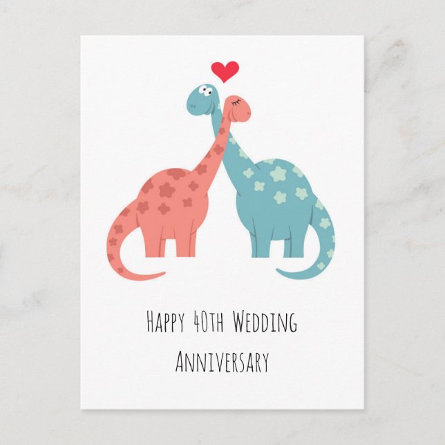 Happy 40th Wedding Anniversary Cute Dinosaurs Postcard (Front)