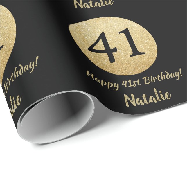 Happy 41st Birthday Black and Gold Glitter Wrapping Paper (Roll Corner)
