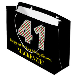 Happy 41st Birthday & Merry Christmas, Custom Name Large Gift Bag