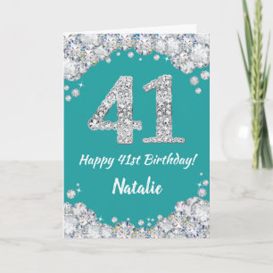 Happy 41st Birthday Teal and Silver Glitter Card