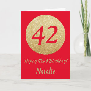 Happy 42nd Birthday Red and Gold Glitter Card