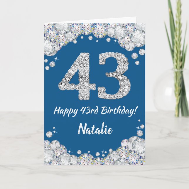 Happy 43rd Birthday Blue and Silver Glitter Card (Front)