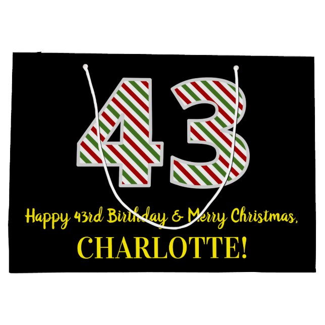 Happy 43rd Birthday & Merry Christmas, Custom Name Large Gift Bag (Back)