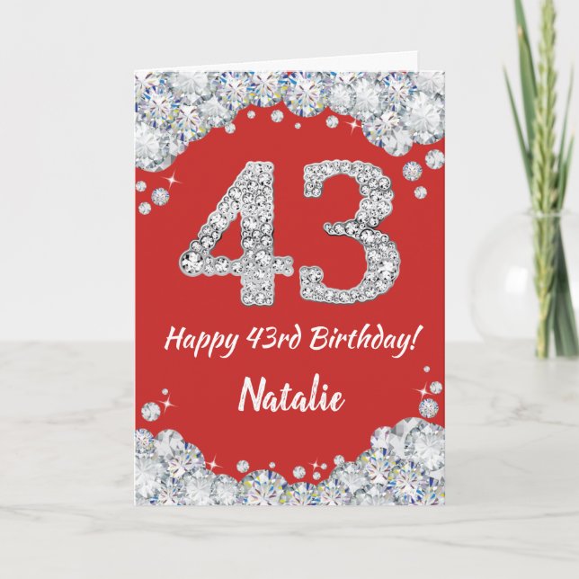 Happy 43rd Birthday Red and Silver Glitter Card (Front)