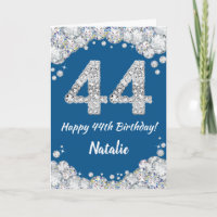 Happy 44th Birthday Blue and Silver Glitter Card