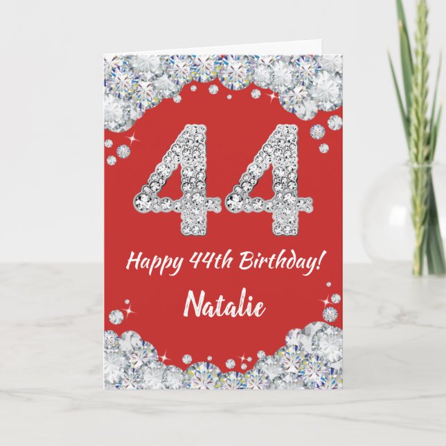 Happy 44th Birthday Red and Silver Glitter Card (Front)