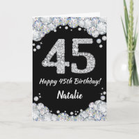 Happy 45th Birthday Black and Silver Glitter Card