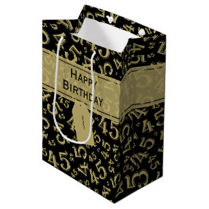 Happy 45th Birthday Number Pattern Black/Gold Medium Gift Bag