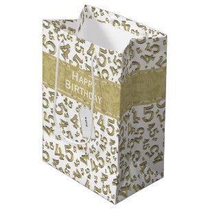 Happy 45th Birthday Number Pattern Gold/White Medium Gift Bag
