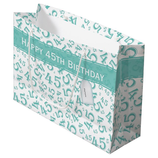 Happy 45th Birthday Number Pattern Teal/White Large Gift Bag (Front Angled)