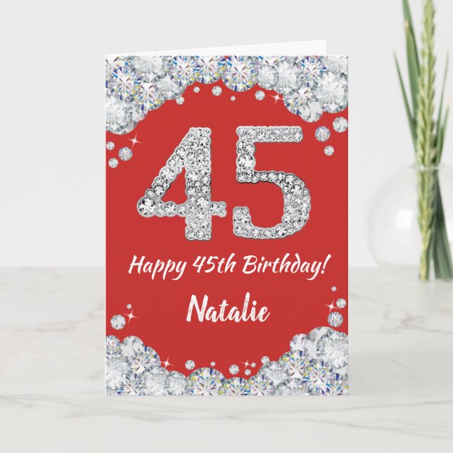 Happy 45th Birthday Red and Silver Glitter Card (Front)