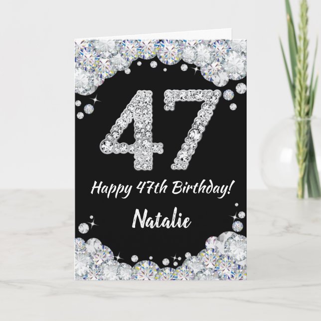 Happy 47th Birthday Black and Silver Glitter Card (Front)