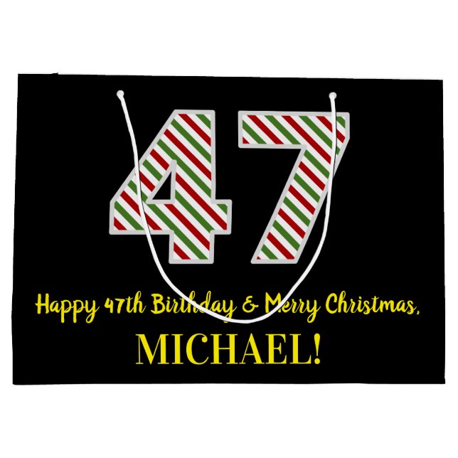 Happy 47th Birthday & Merry Christmas, Custom Name Large Gift Bag (Back)
