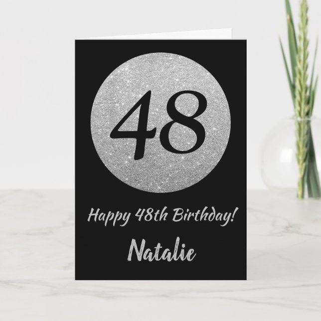 Happy 48th Birthday Black and Silver Glitter Card (Front)