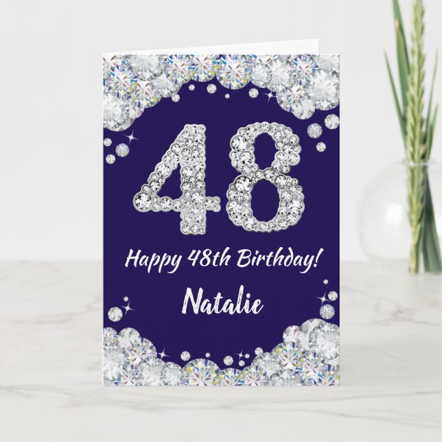 Happy 48th Birthday Navy Blue and Silver Glitter Card (Front)