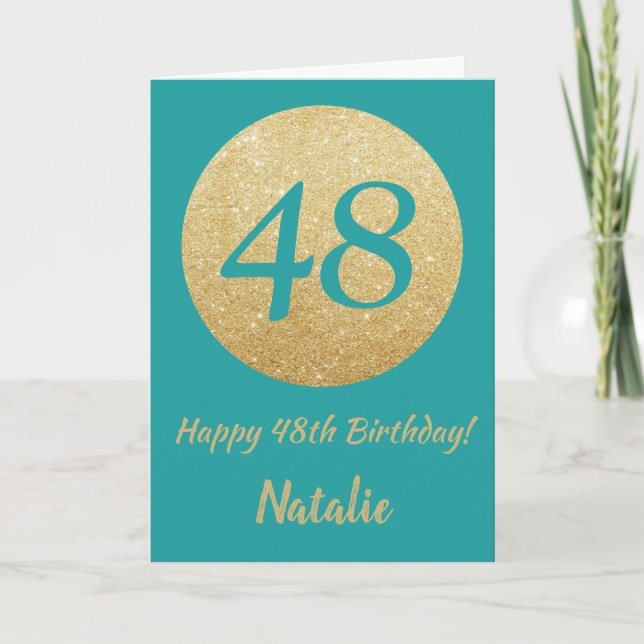 Happy 48th Birthday Teal and Gold Glitter Card (Front)