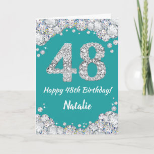 Happy 48th Birthday Teal and Silver Glitter Card