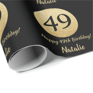 Happy 49th Birthday Black and Gold Glitter Wrapping Paper