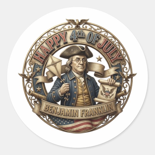 HAPPY 4HT OF JULY CLASSIC ROUND STICKER (Front)
