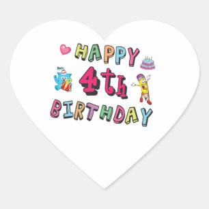 Happy 4th Birthday. 4 year b-day. Heart Sticker