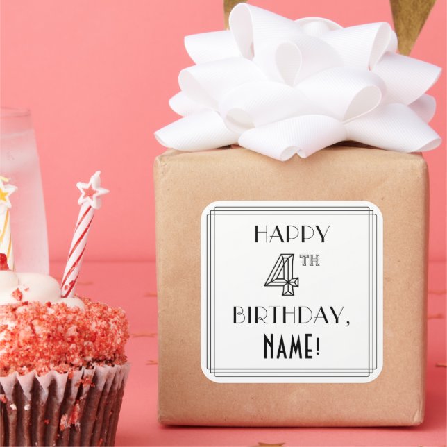 HAPPY 4TH BIRTHDAY, Art Deco Style, Custom Name Square Sticker (Party)