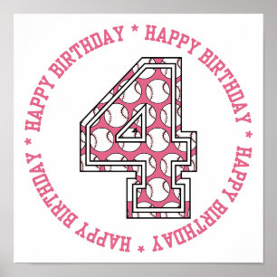 Happy 4th Birthday Baseball Number Poster