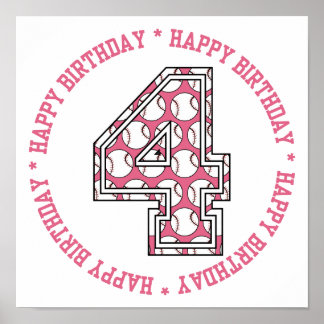 Happy 4th Birthday Baseball Number Poster