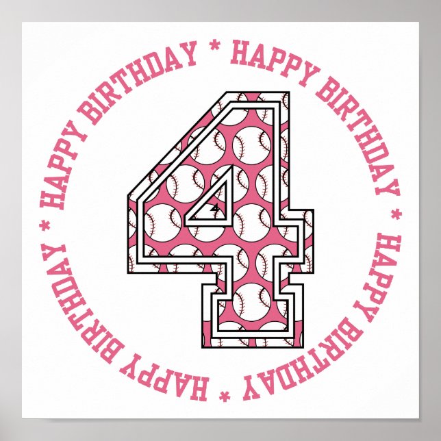 Happy 4th Birthday Baseball Number Poster (Front)