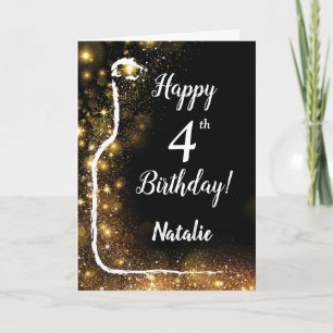 Happy 4th Birthday Black and Gold Glitter Wine Card
