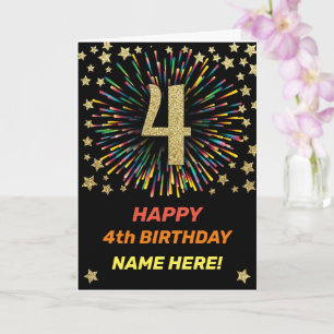 Happy 4th Birthday Black & Gold Rainbow Firework Card