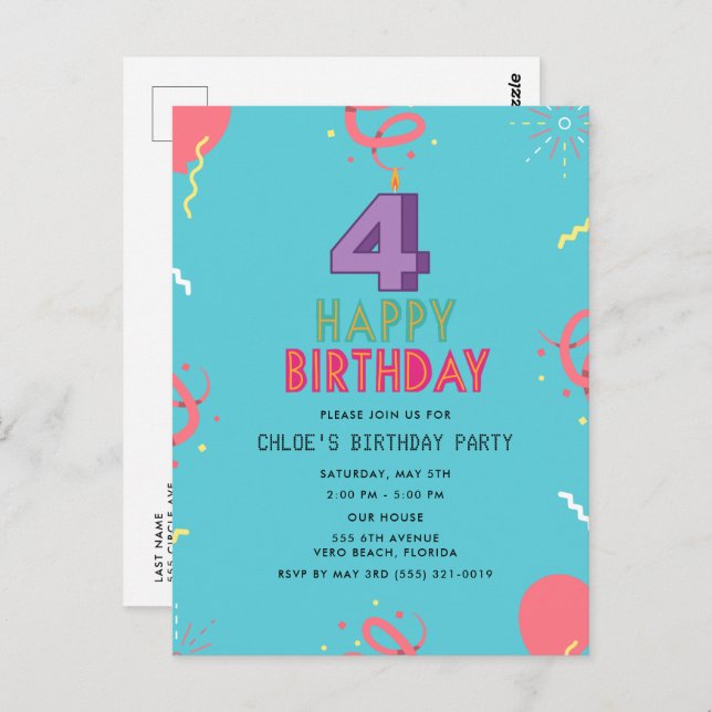 Happy 4th Birthday Kids Party  Postcard (Front/Back)