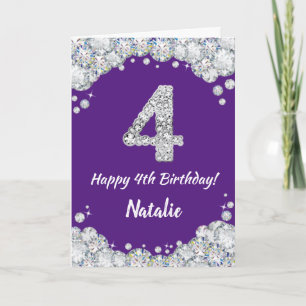 Happy 4th Birthday Purple and Silver Glitter Card
