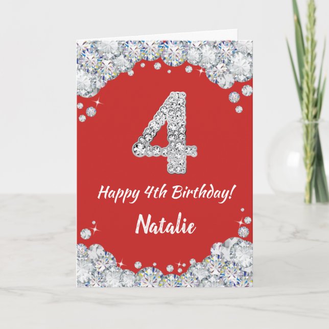 Happy 4th Birthday Red and Silver Glitter Card (Front)