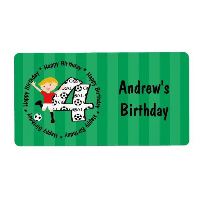 Happy 4th Birthday Round Soccer Goal Labels (Front)