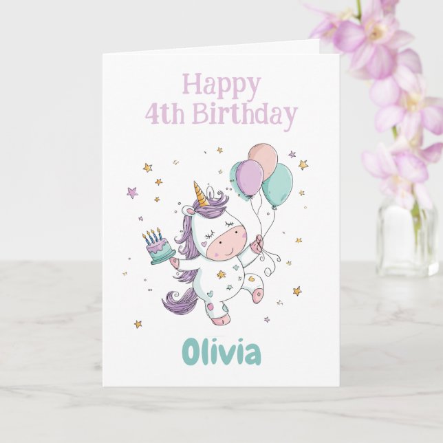 Happy 4th Birthday, Unicorn, Personalized Card (Orchid)
