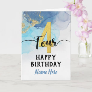 Happy 4th Birthday Watercolor Blue & gold Boy Card