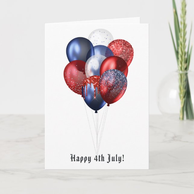 Happy 4th July Glitter Balloons Family Photo Holiday Card (Front)