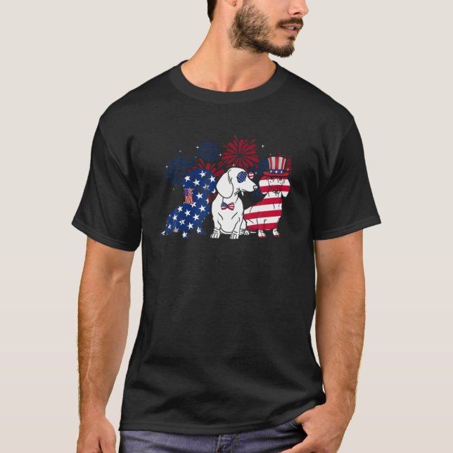 Happy 4Th July Three Blue White Dachshund Dog And T-Shirt (Front)