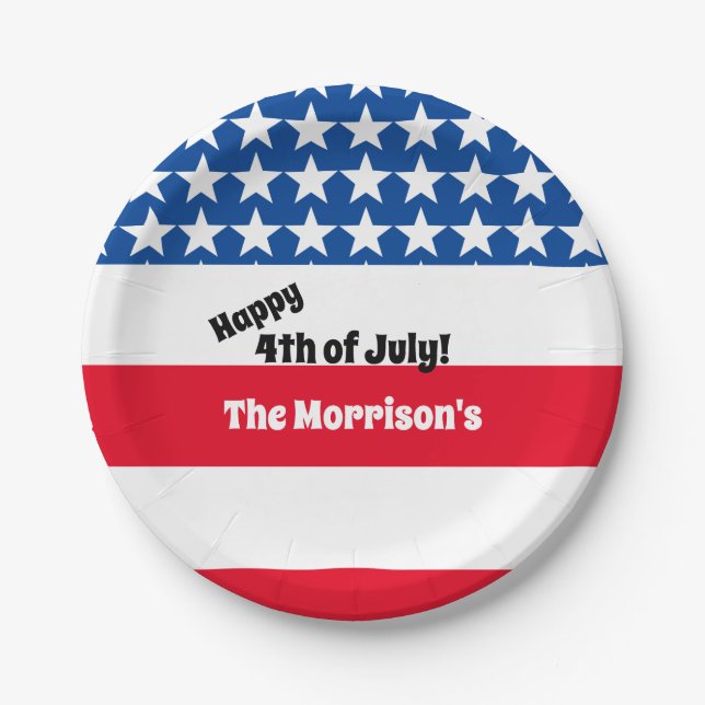 Happy 4th of July American Flag Add Family Name Pa Paper Plate (Front)