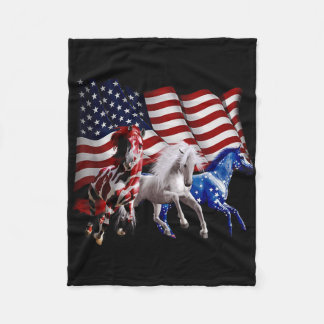 Happy 4th Of July American Flag Red White Horse An Fleece Blanket