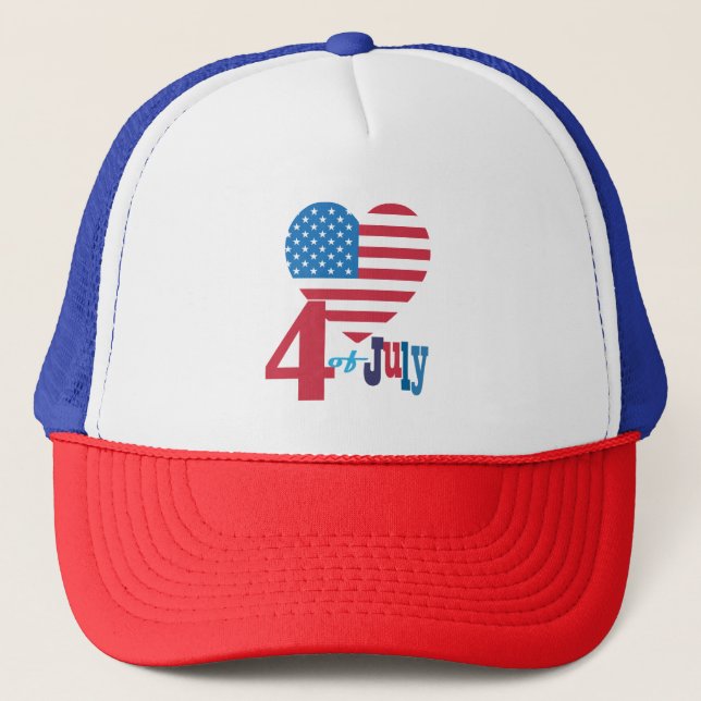 Happy 4th of July American USA Flag Heart Pattern Trucker Hat (Front)