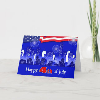 Happy 4th of July. Cityscape and Fireworks Card