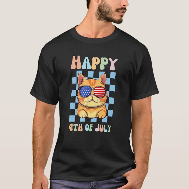 Happy 4th of July Cool Cat Sunglasses Patriotic US T-Shirt (Front)