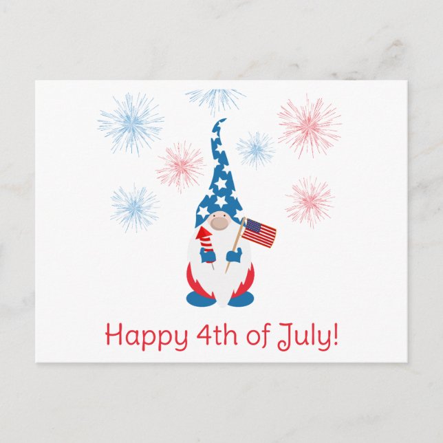 Happy 4th of July Cute Gnome Fireworks Postcard (Front)
