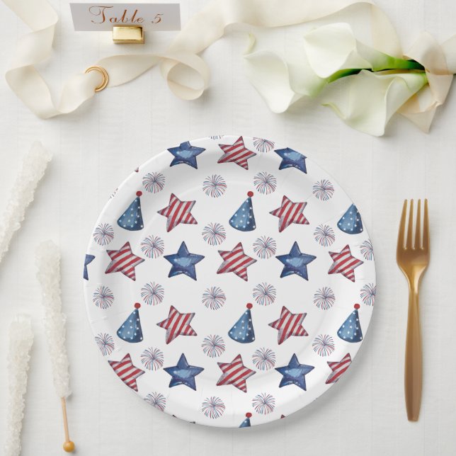 Happy 4th of July Cute Party Pattern Paper  Plate (Wedding)
