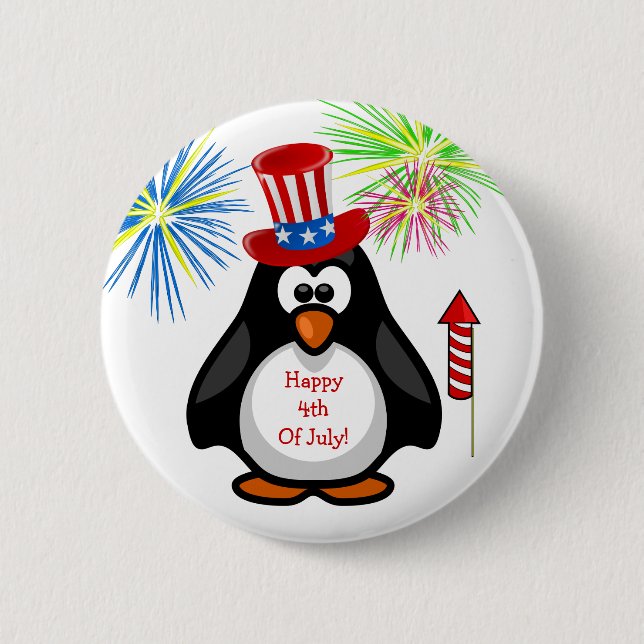HAPPY 4TH OF JULY Cute Penguin Fireworks Rocket 6 Cm Round Badge (Front)