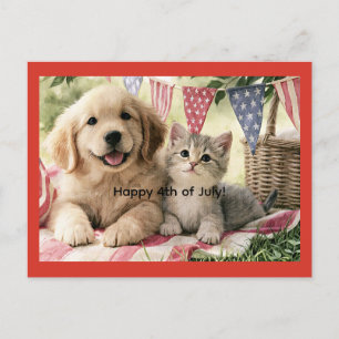 Happy 4th of July, cute puppy and tabby cat, Holiday Postcard