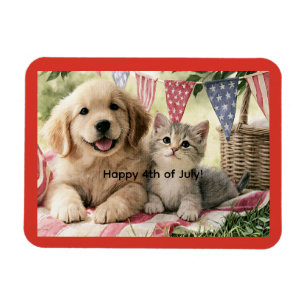 Happy 4th of July, cute puppy and tabby cat, Magnet